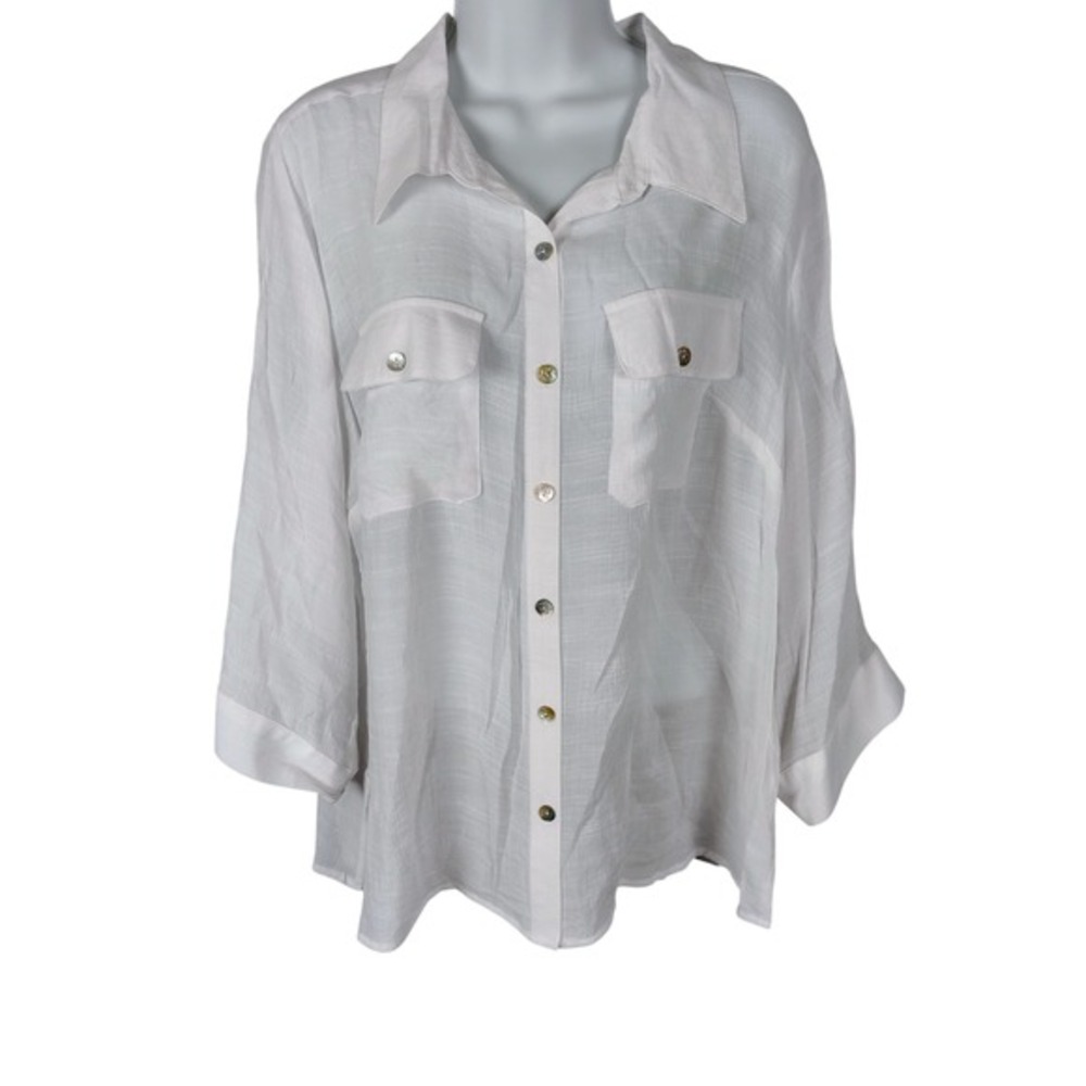 Kim Rogers Woman White‎ Button Down Roll Tab Sleeve Blouse 1X vtg nos 90s sheer